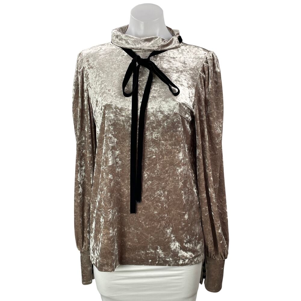 Leha Women Beige Velvet Velour Long Sleeve Tie Bow Mock Neck Blouse Top Size M